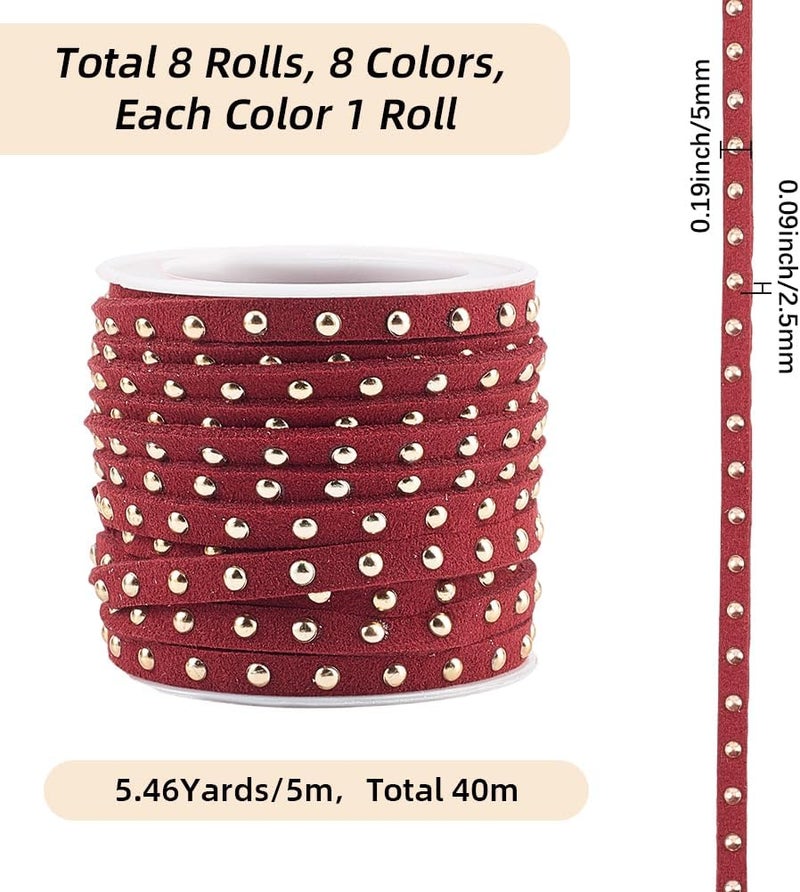 CALFOVERA 43.7 Yards 8 Colors Studded Lace Beading String Strips 5mm Flat Microfiber Leather Faux Suede Cord Rope Trim Ribbon with Golden Punk Rivets for Jewelry Making Necklaces Bracelets DIY Crafts - Image 2